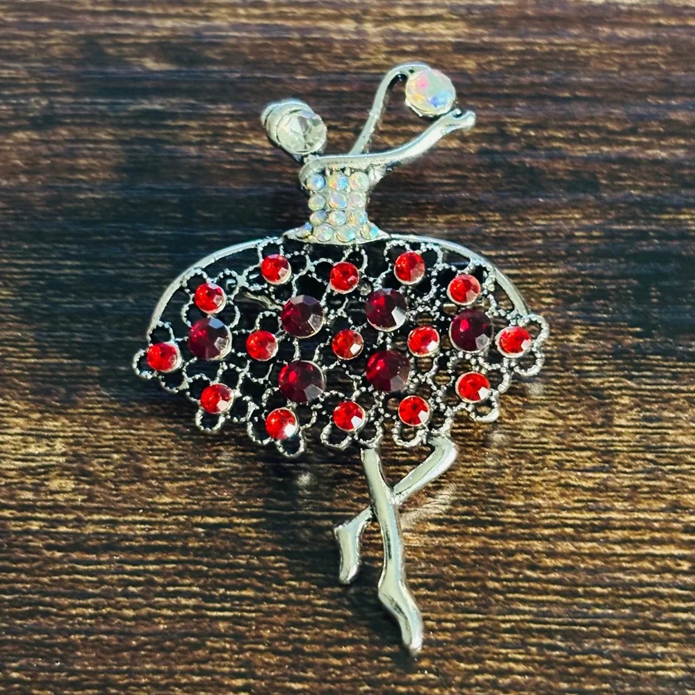 Silver Tone Red Rhinestone Ballerina Dancer Brooch Pin Aurora Borealis Accents